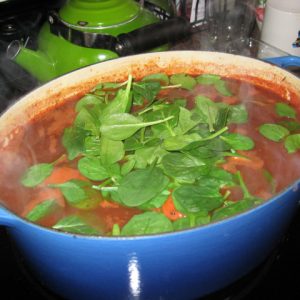 Homemade Vegetagle soup in Blue enamled Dutch pot