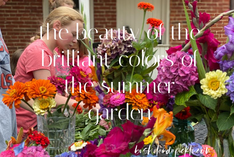 two people arranging arranging the beautiful colors of summer garden outside on the patio