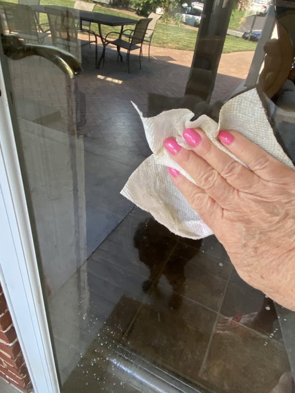 cleaning muddy streaks off back porch glass door with Aunt Fannie's Glass and Window Cleaner