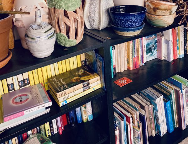 bookcase full of children books on low bookshelf with handmade pottery on top