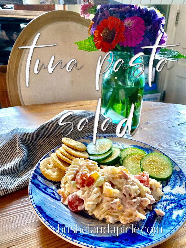 Tuna Pasta Salad served with cucumber slices and Rita crakers with zinnias in vlue Bell jar on the table