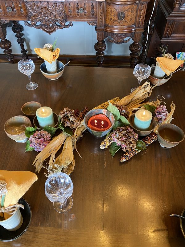 Rustic Centerpiece with Handthrown Pottery and Crystal