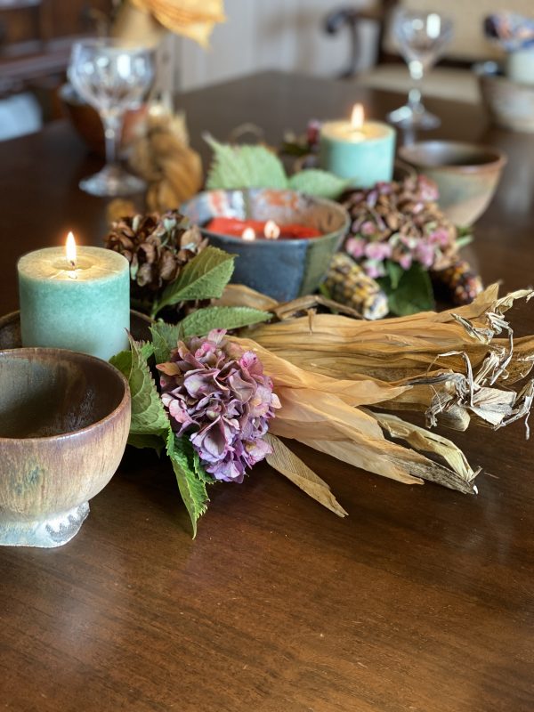 Rustic Autumn Centerpiece with Candles, Dried Hydrangeas and Indian Corn