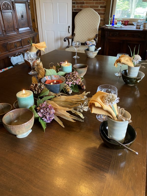 Rustic Autumn Tablescape with Indian Corn, Dried Hydrangeas and Candles