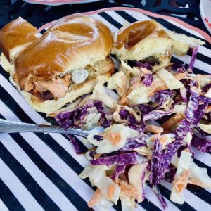 Salmon sandwich and speciality cole slaw