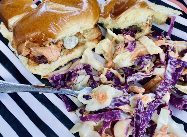 Salmon sandwich and speciality cole slaw