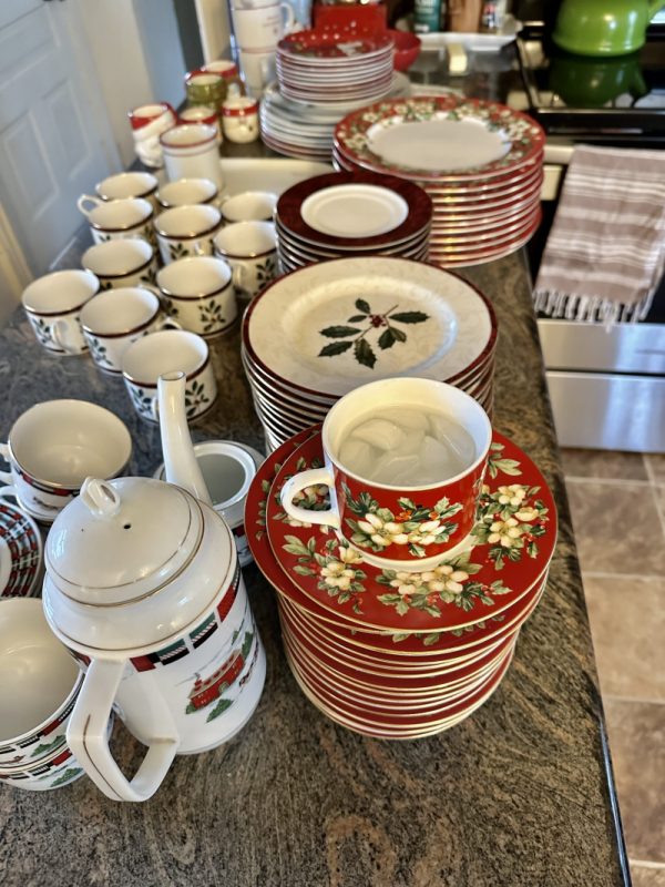 stacks of Christmas dishes