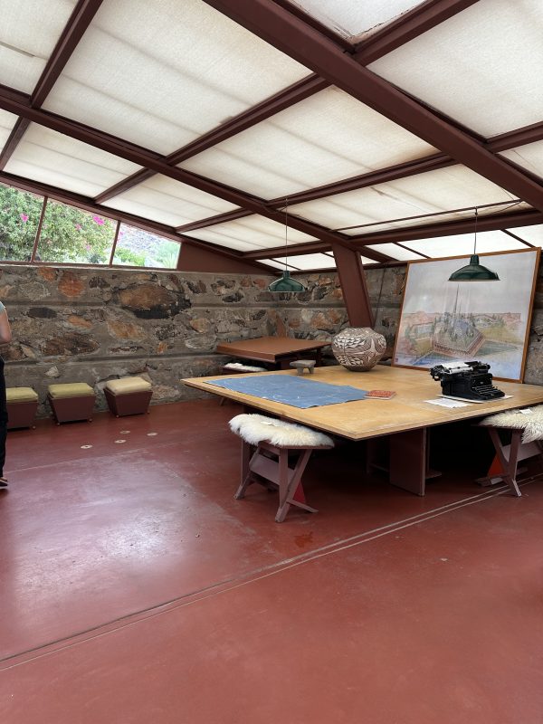 Large Drafting Table with Wright's Typewriter, Local Art and Blueprint