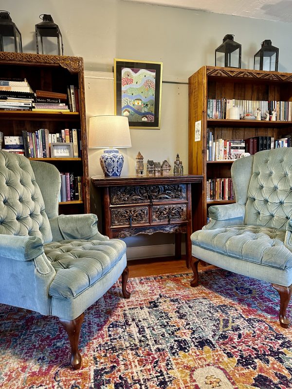 Matching Chairs MIddle Room with bookshelves and Chinese antique buffet