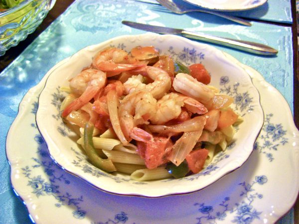 Shrimp Primevera in china soup plate 