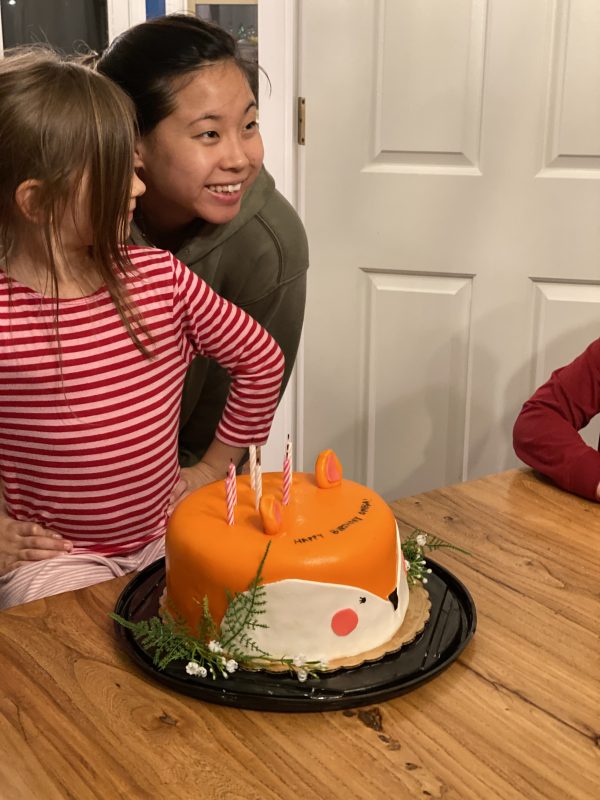 Aunt Amy with Omega and the cake decorated like a fox's head